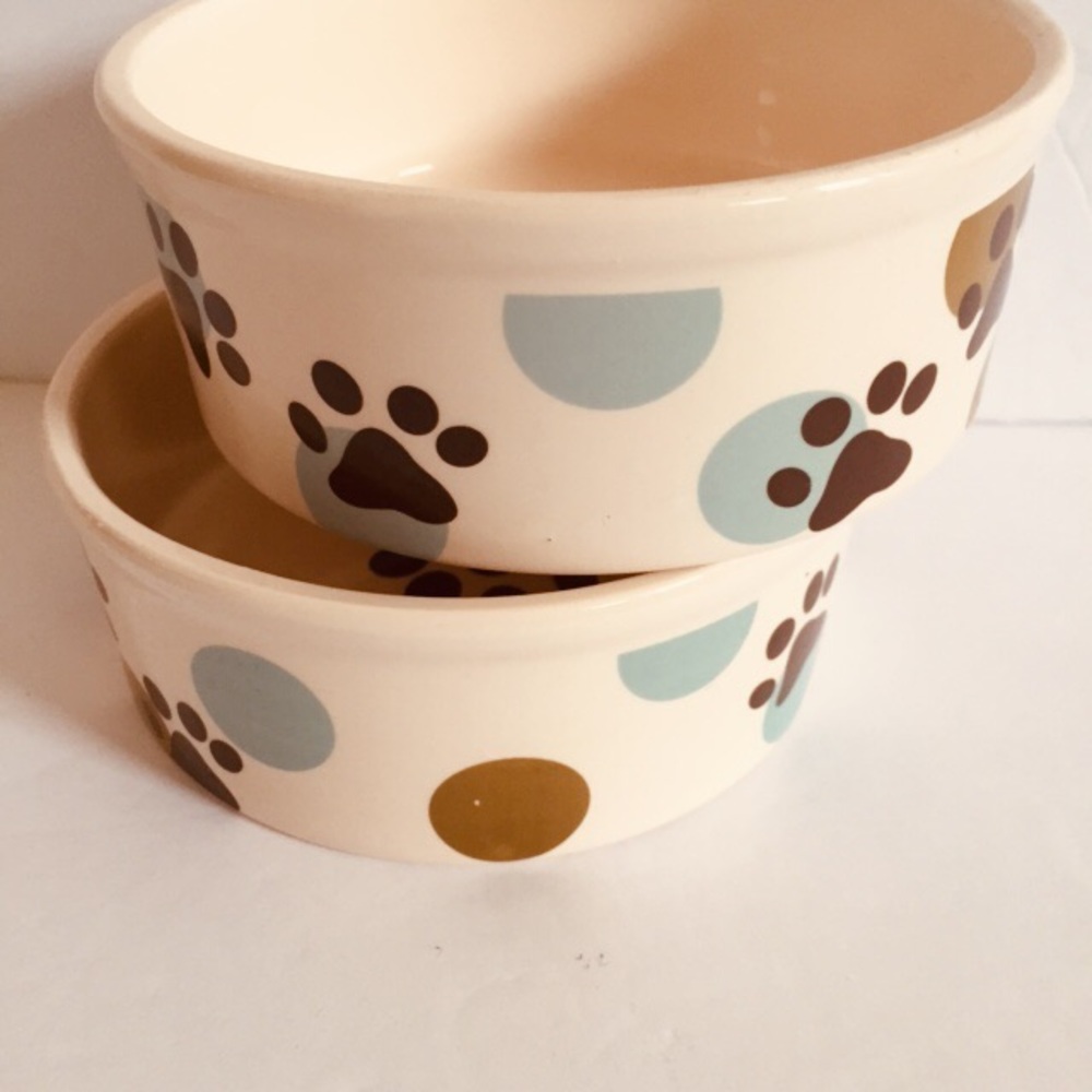 CERAMIC SMALL PET BOWLS SET OF 2 TEAL PAWS